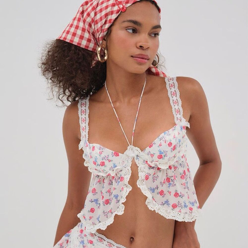 NWT For Love & Lemons Ditsy Day Floral Lace Ruffle Crop Bustier Top Large